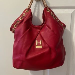 Halston Heritage leather handbag with gold/red leather chain handle/strap.